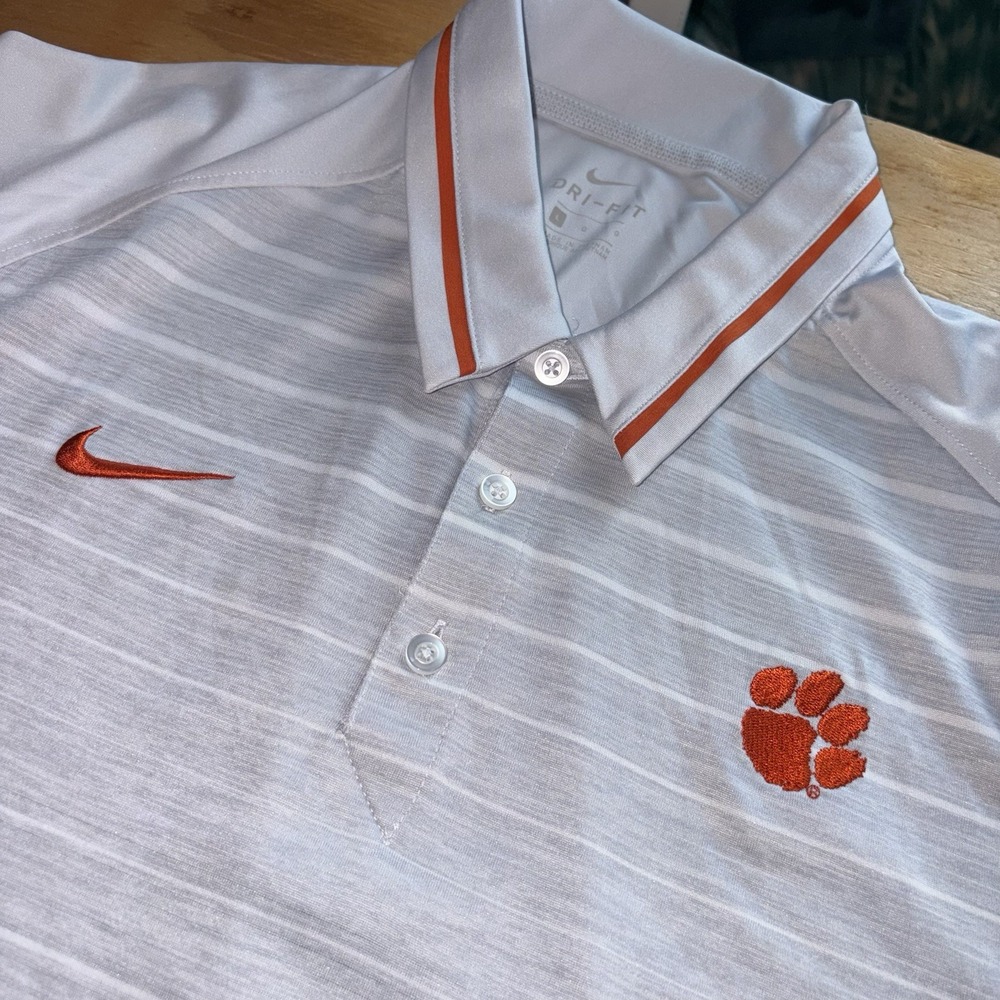 Nike Dri Fit Clemson Tigers Polo Mens Large Performance White Gray Embroidered